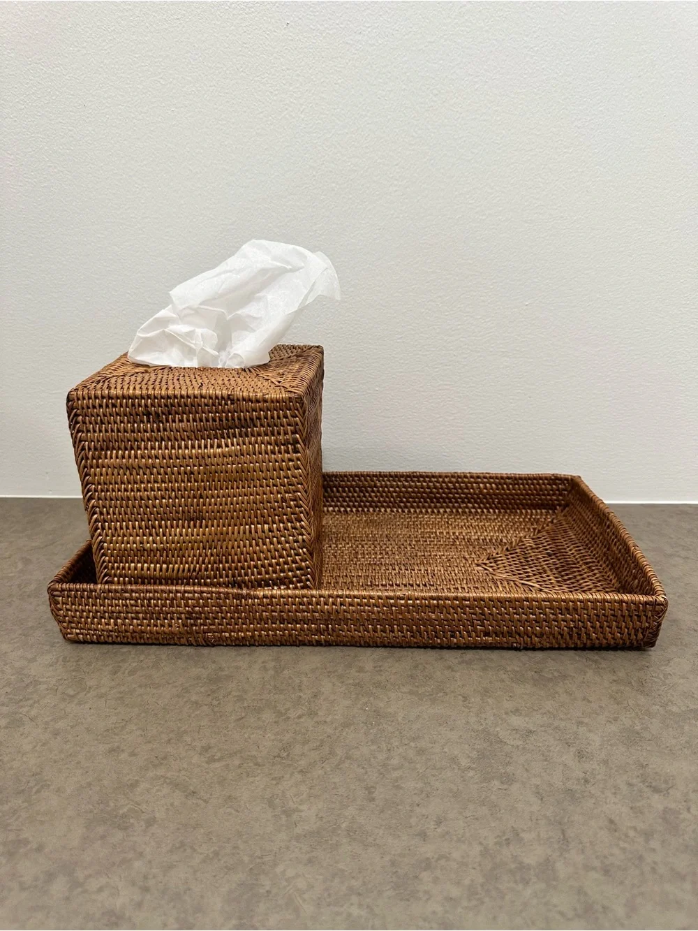 Woven Rattan Tissue Box Holder Cover & Tray Set - Natural Earthy Brown Classy